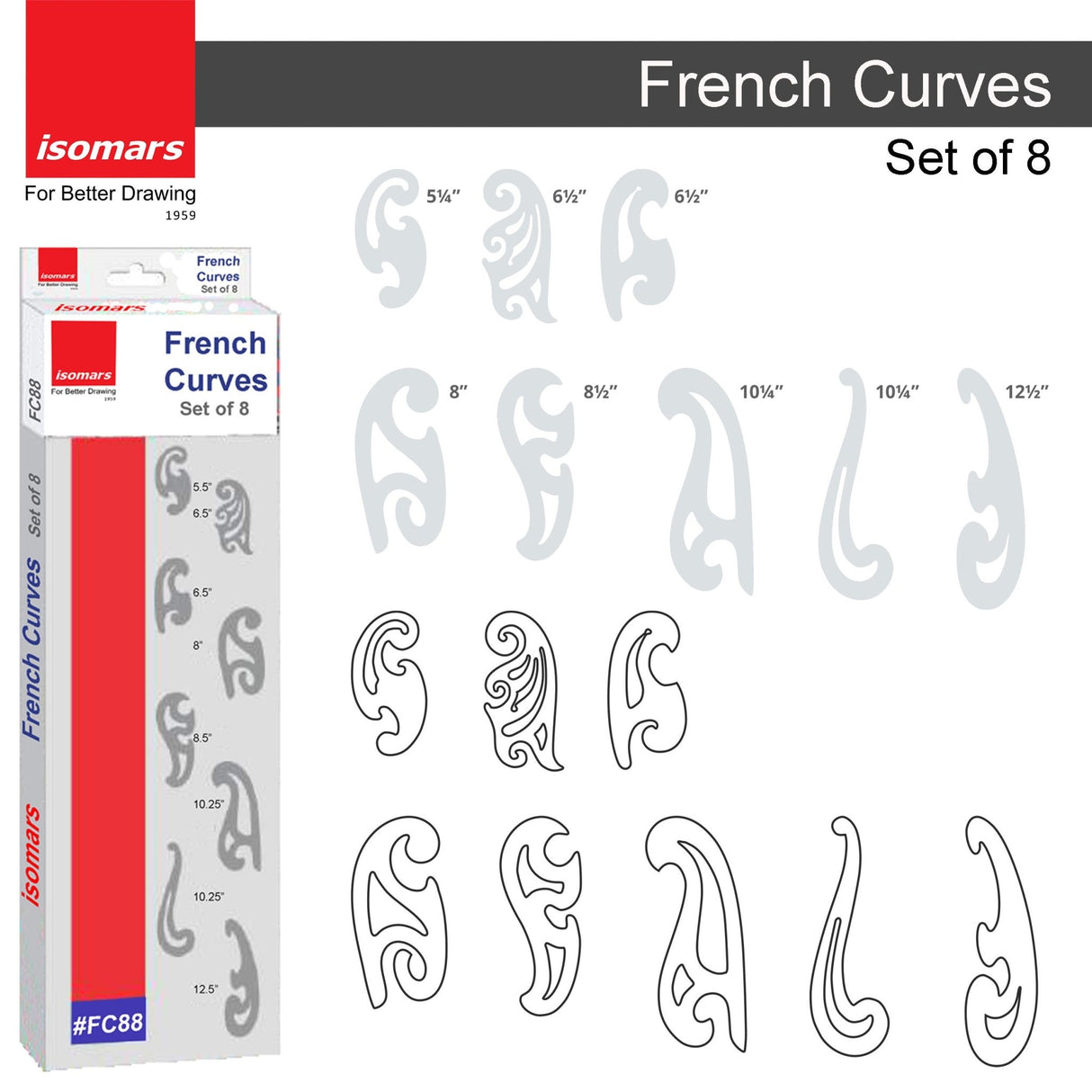 Isomars French Curves - Set of 8 - Drawing Drafting Template Stencil - Isomars
