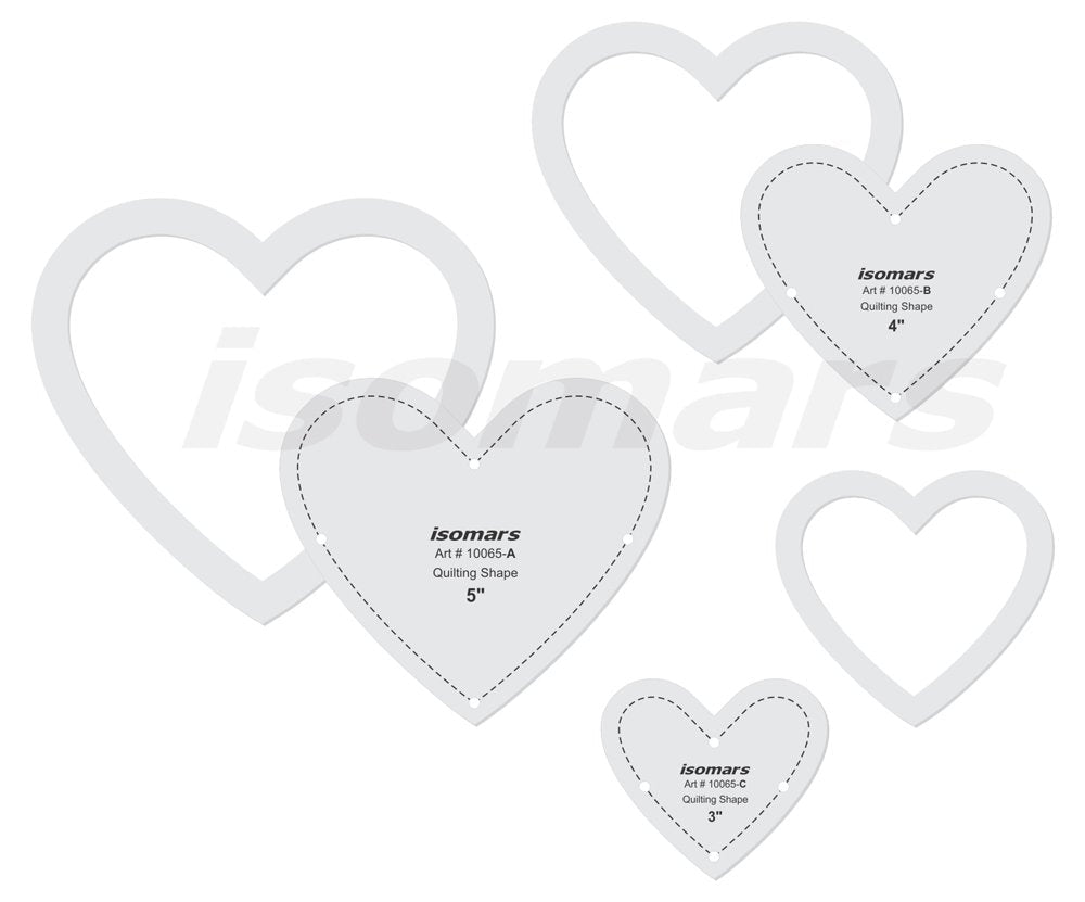 Isomars Heart Quilting Patchwork Shape Template Set of 3 | Transparent Acrylic Heart Quilting Rulers (3", 4" & 5") for Sewing, Patchwork, Appliqué, Fabric Cutting & DIY Craft Projects - Isomars