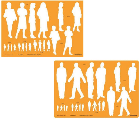 Isomars Human Figure Male & Female Template Combo, Multi Scale Architectural People Stencil Set with 40 Human Silhouettes in 1:20, 1:25, 1:100, 1:125 & 1:175 for Architecture, Interior Design, Urban Planning & Blueprint Rendering - Isomars