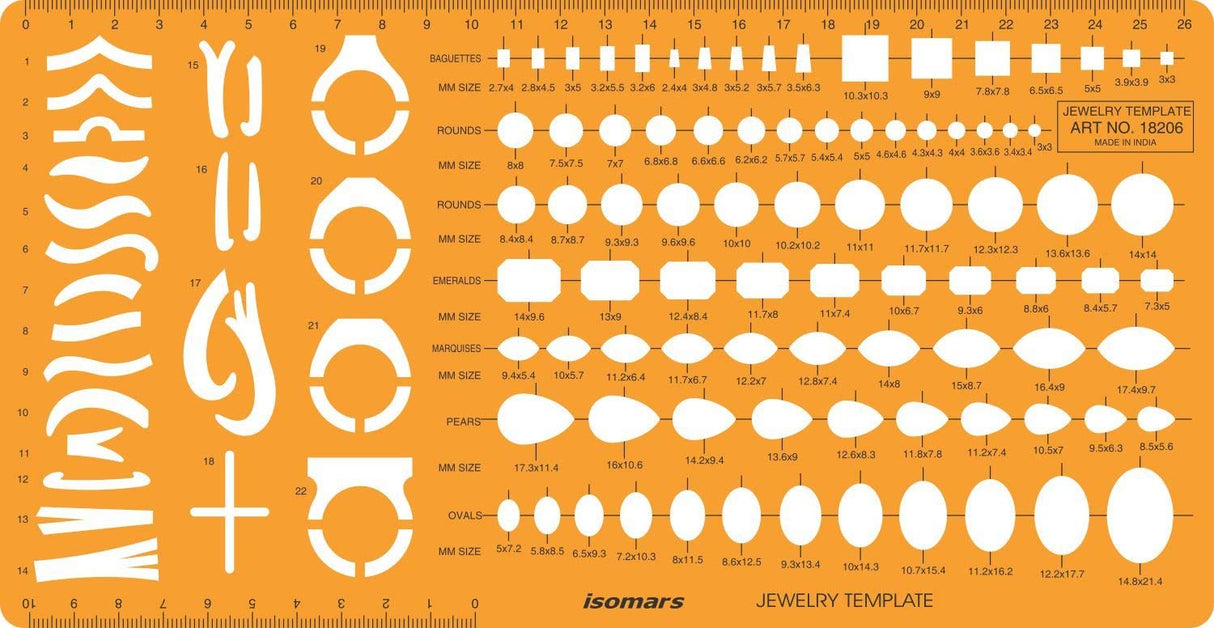 Isomars Jewellery Design Template Stencil | Gemstone Shape Drawing Template with Round, Oval, Pear, Emerald, Marquise & Baguette Shapes | Jewelry Designing Tool for Designers, Students & Professionals - Isomars
