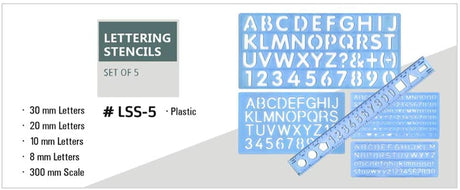 Isomars Lettering Stencil Set of 5, Reusable Alphabet & Number Templates with 4 Letter Stencils and 12 Inch Ruler, Uppercase, Lowercase, Symbols in 8mm, 10mm, 20mm & 30mm for Sign Making, DIY Crafts & School Projects - Isomars