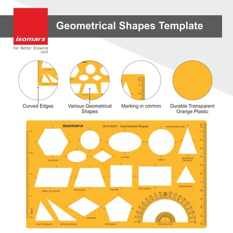 Isomars Multi Shape Geometry Template, Educational Drawing Stencil with Protractor, Measuring Ruler, Circle, Triangle, Rectangle, Pentagon, Hexagon & Ellipse for Maths, Drafting & Technical Work - Isomars