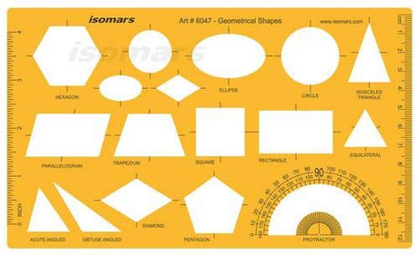 Isomars Multi Shape Geometry Template, Educational Drawing Stencil with Protractor, Measuring Ruler, Circle, Triangle, Rectangle, Pentagon, Hexagon & Ellipse for Maths, Drafting & Technical Work - Isomars
