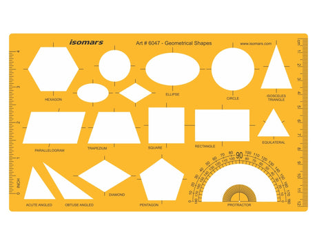 Isomars Multi Shape Geometry Template, Educational Drawing Stencil with Protractor, Measuring Ruler, Circle, Triangle, Rectangle, Pentagon, Hexagon & Ellipse for Maths, Drafting & Technical Work - Isomars