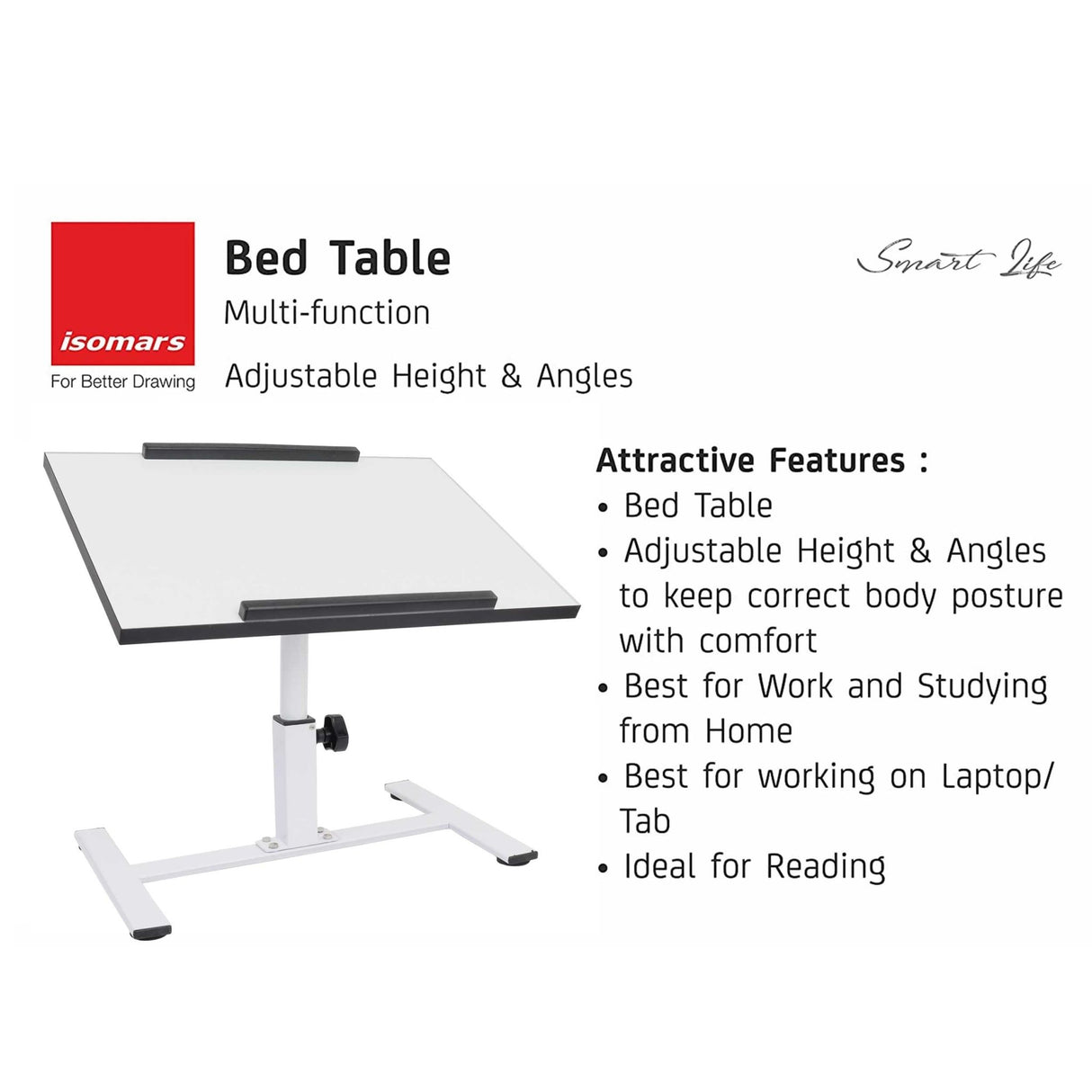 ISOMARS Multipurpose Laptop Table Study Desk & Height Adjustable Bed Table for Work from Home & Online Classes (White) - Isomars