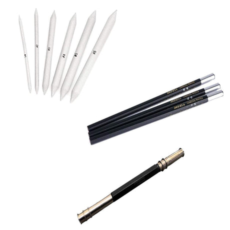 Isomars Paper Stumps Set of 6 & Charcoal Pencil Set of 3 with Pencil Extender - Isomars