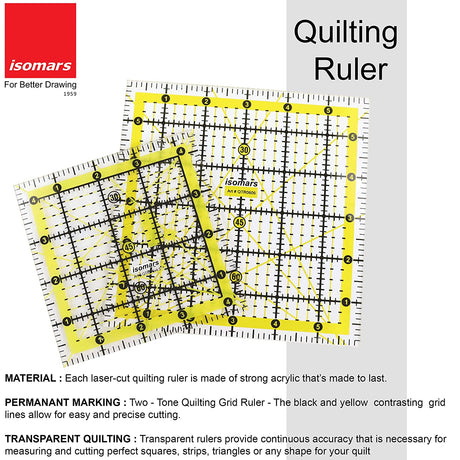 Isomars Quilting Rulers - Set Of 2 Sizes - 4.5"x4.5 And 6"x6" - Isomars