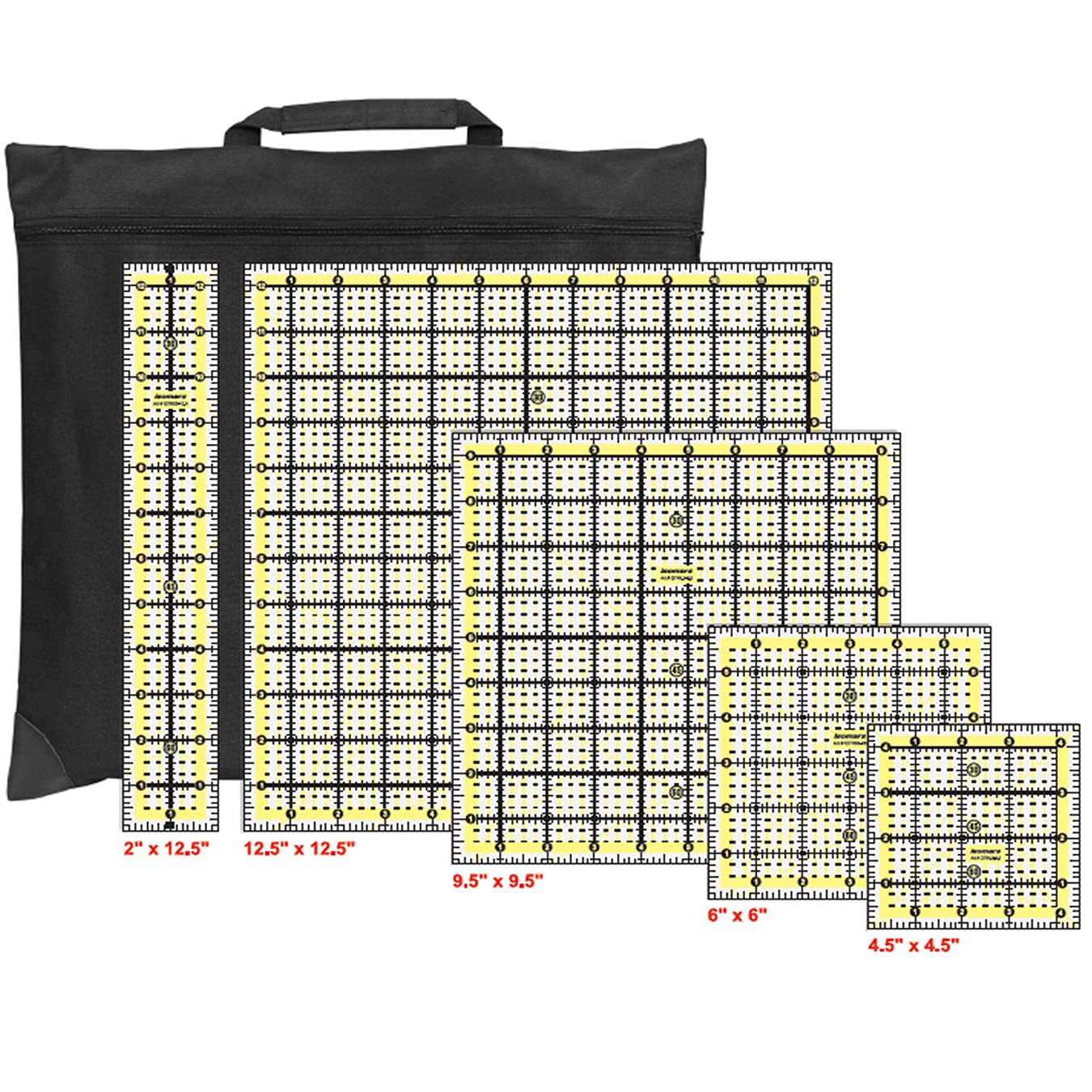 Isomars Quilting Rulers Set of 5 with Storage Bag | Premium Transparent Acrylic Patchwork Rulers (12.5"x12.5", 9.5"x9.5", 6"x6", 4.5"x4.5", 2"x12.5") for Sewing, Fabric Cutting & Quilting - Isomars