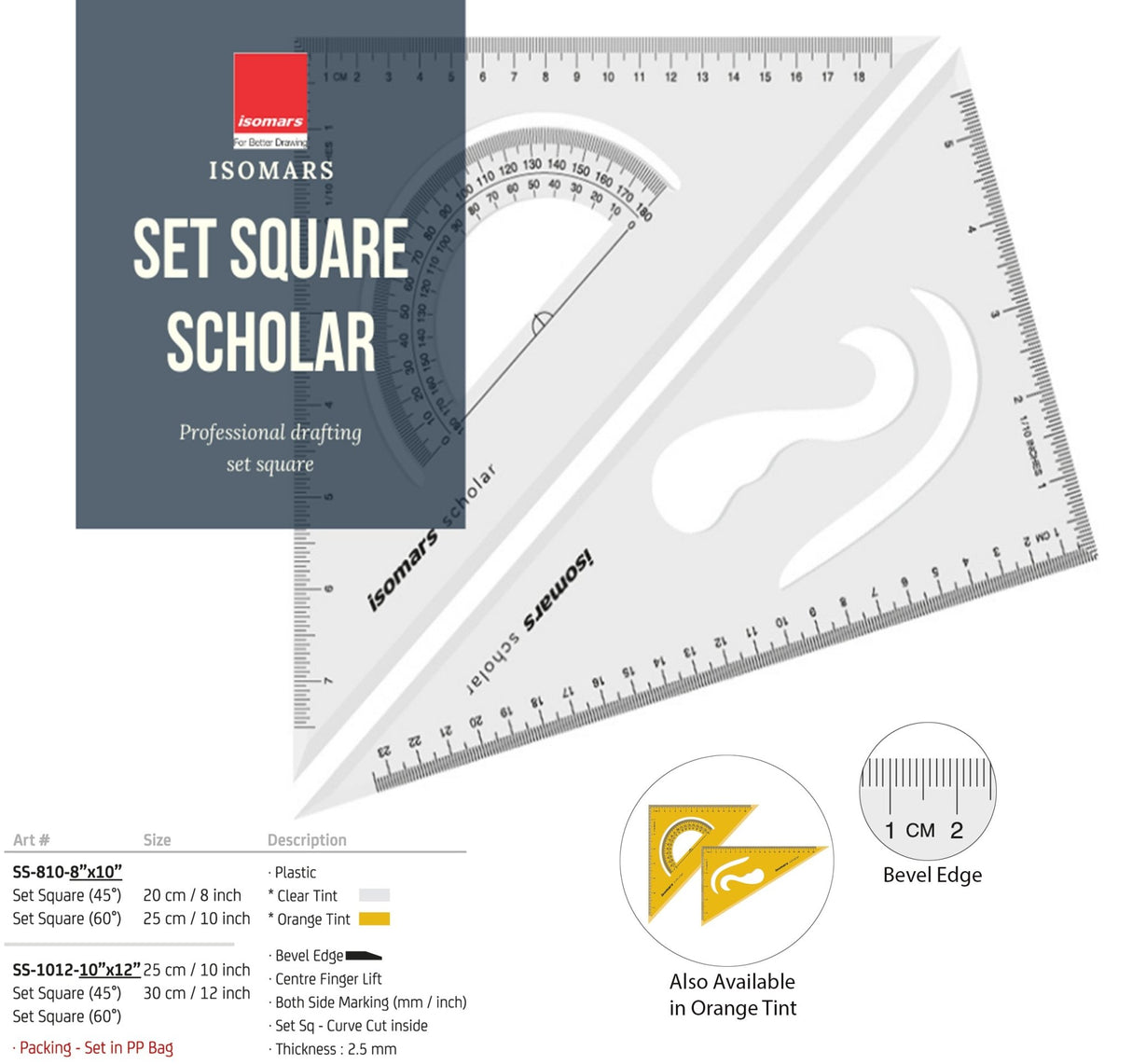 Isomars Scholar Set Squares – Set of 2 (10"x12") Drafting Tools for Students, Architects, Engineers & Designers - Isomars