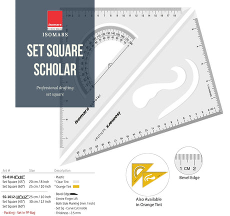 Isomars Scholar Set Squares – Set of 2 (10"x12") Drafting Tools for Students, Architects, Engineers & Designers - Isomars