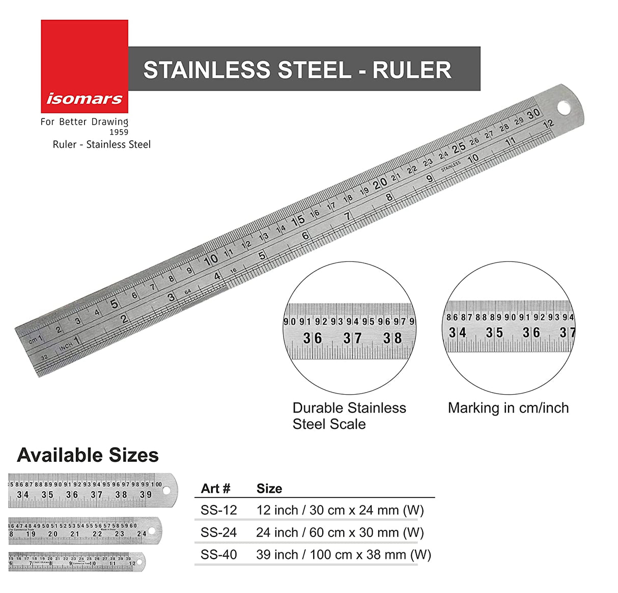 Isomars Steel Scale Set of 2 – 12 Inch & 24 Inch Stainless Steel Rulers | Heavy Duty Measuring Scale for Drafting, Drawing, Engineering & Office Use - Isomars