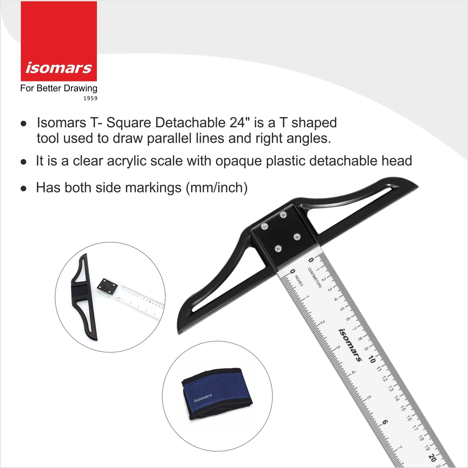 Isomars T Square – 24 Inch Detachable Scale for Technical Drawing, Drafting & Engineering | Comes with Detachable Head for Precision and Portability - Isomars