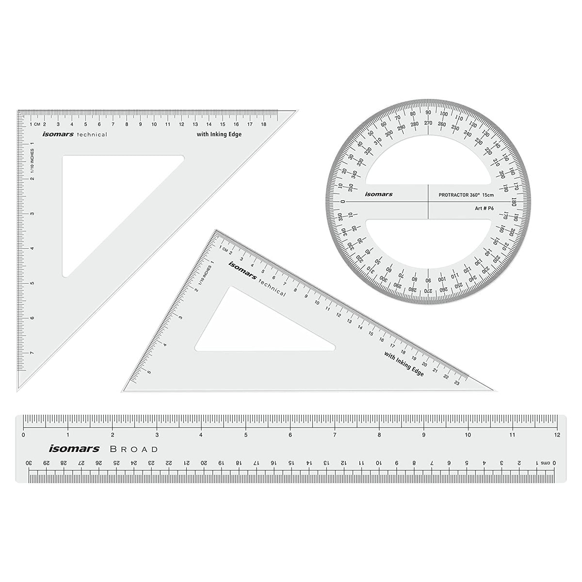Isomars Technical Set Squares, Protractor,12 Inch Scale - Sides Bevele