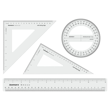 Isomars Technical Set Squares, Protractor,12 Inch Scale - Sides Beveled - Isomars