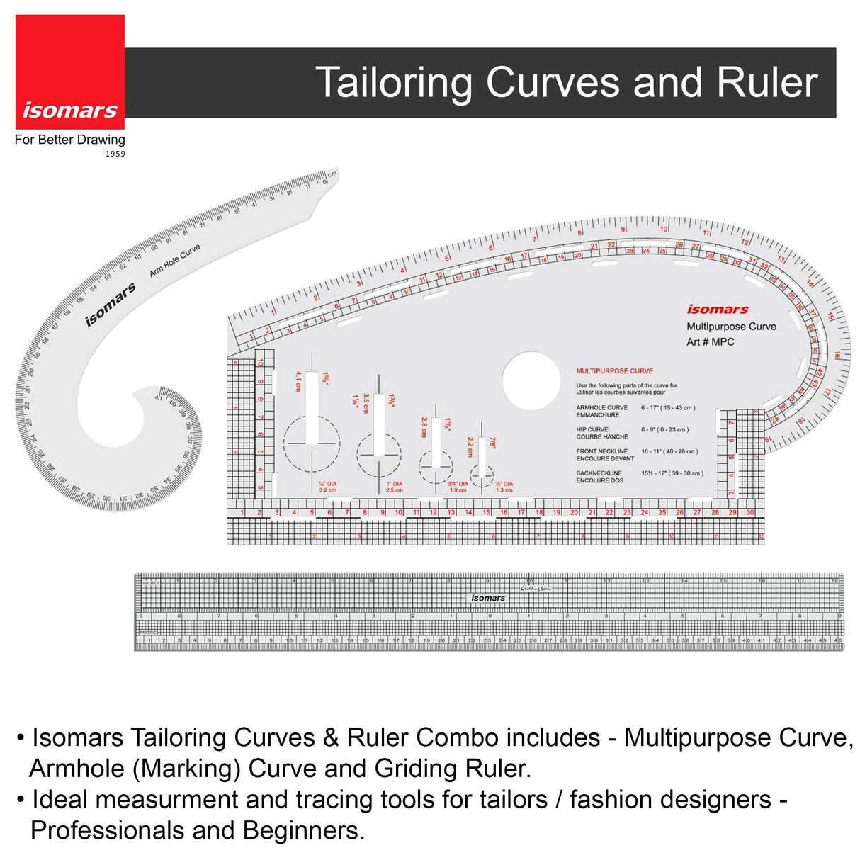 Multipurpose Curve, Gridding Scale & Armhole Curve with Marking Combo (Clear) - Isomars