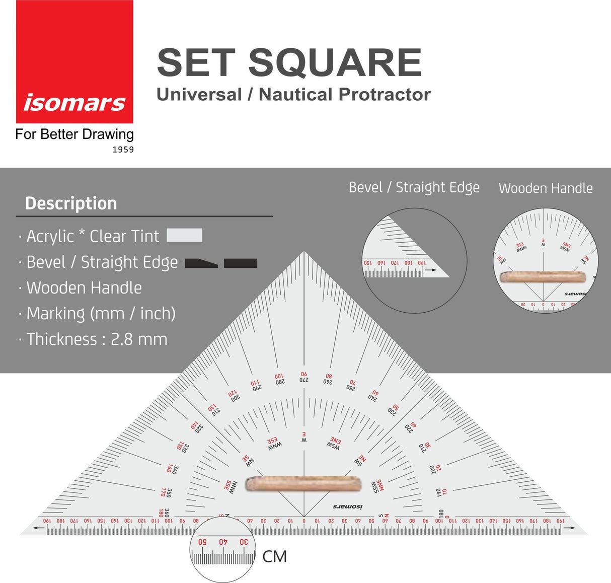 Nautical Set Square 10 Inch with Protractor | Acrylic Drafting Triangle Tool for Marine Navigation, Architecture & Engineering Drawing - Isomars