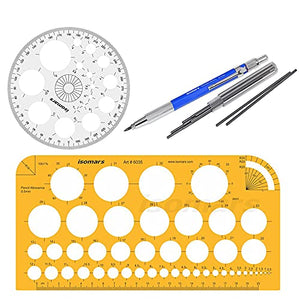 Isomars Circle Shapes Template, Pro Circle & 2mm Mechanical Pencil with 10 Leads