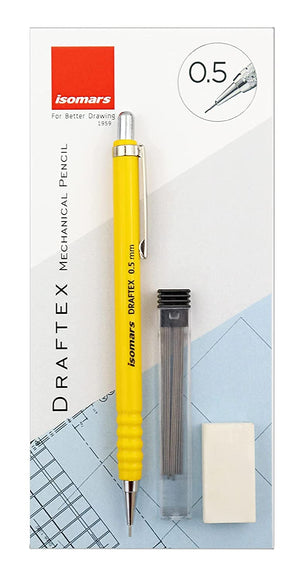 Isomars Mechanical Pencil - Draftex Pencil 0.5mm With Leads And Eraser- Black And Yellow Pencil Combo