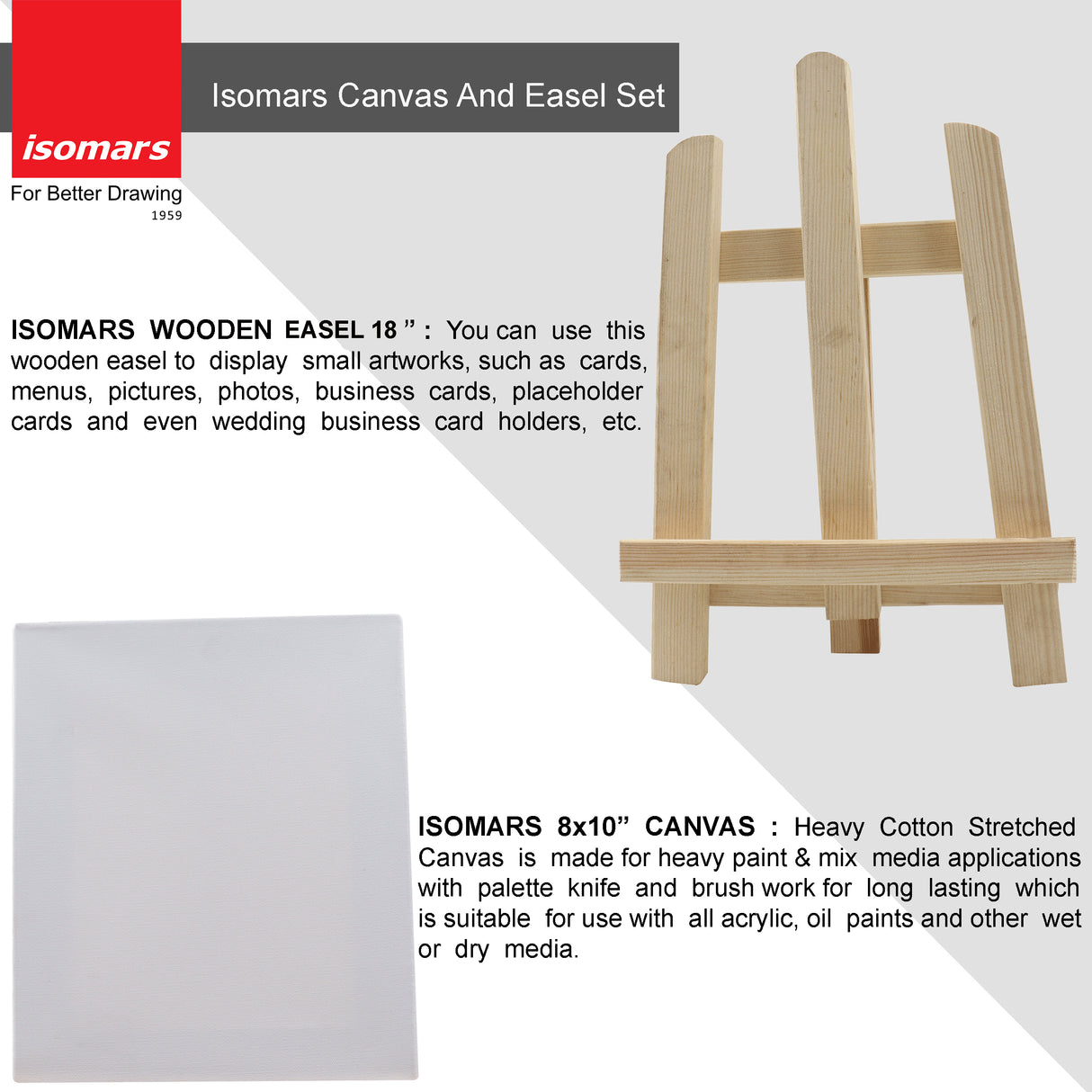 Isomars Artists Kit - Set of Wooden Easel and Canvas - Display Stand and Display / Painting Board Combo